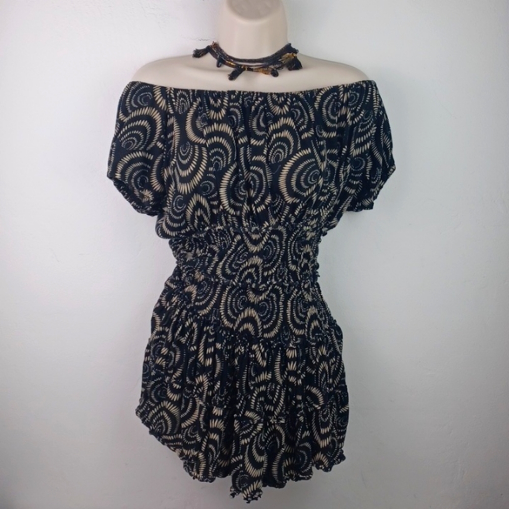 DUNIA MODERN ART GRAPHIC Tattered-Hem Figure-Forming Off Shoulder Mini Dress Top - Picture 12 of 12